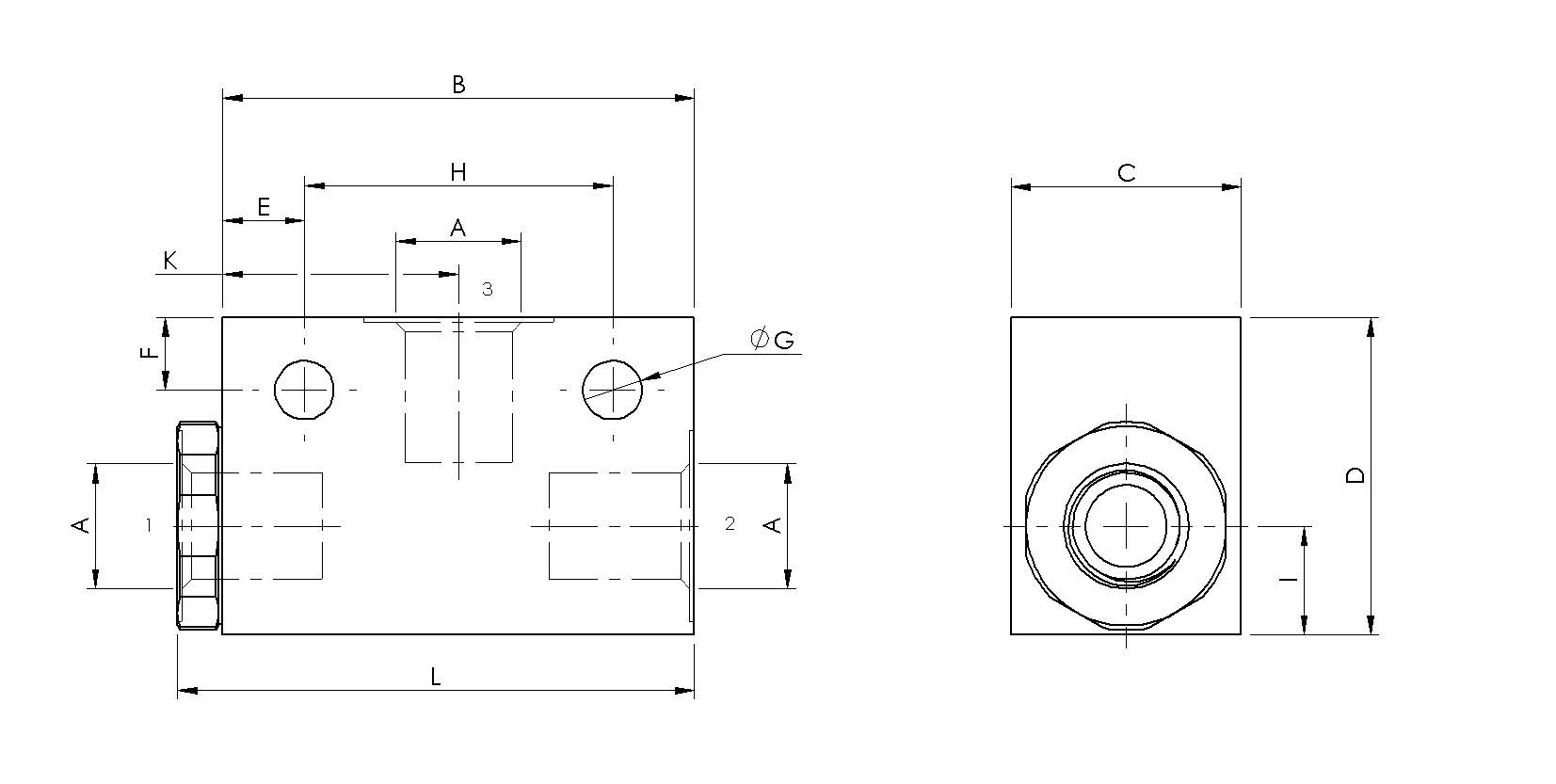 Shuttle Valve – Female Ports - Technical Drawing