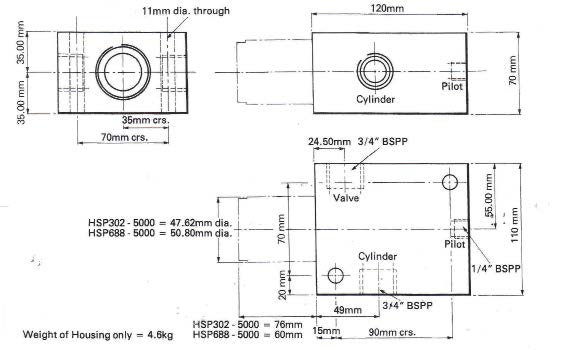Inline Housings for HSP Cartridge Valves HSP302 & HSP688 - Technical Drawing